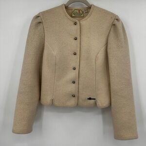 Orig Salzburger Austrian Boiled Wool Jacket Beige Trachten Puff Shoulder Medium